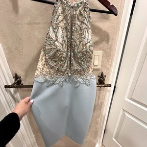 Cocktail dress, light blue and Beads. Size 10/12